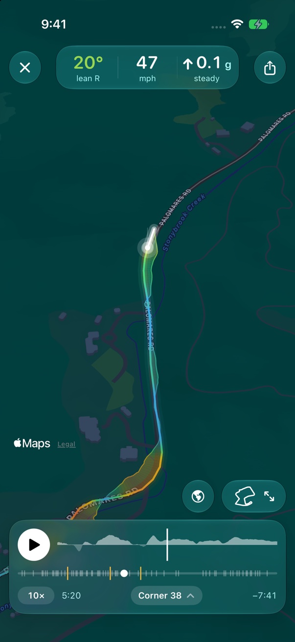 The Palomares Road replay: a rider and colored trail on the map, lean and speed above, and the ride timeline below.