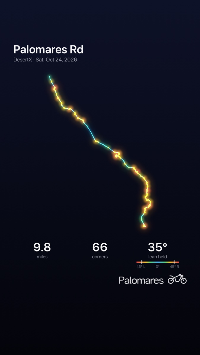 A Story picture of the Palomares Road sample: the route drawn in glowing light without a map, ride statistics below, and the Palomares signature.